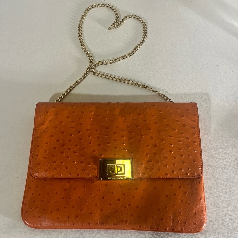 KORS Michael Kors Orange Ostrich Leather Shoulder Bag with Heart Chain
